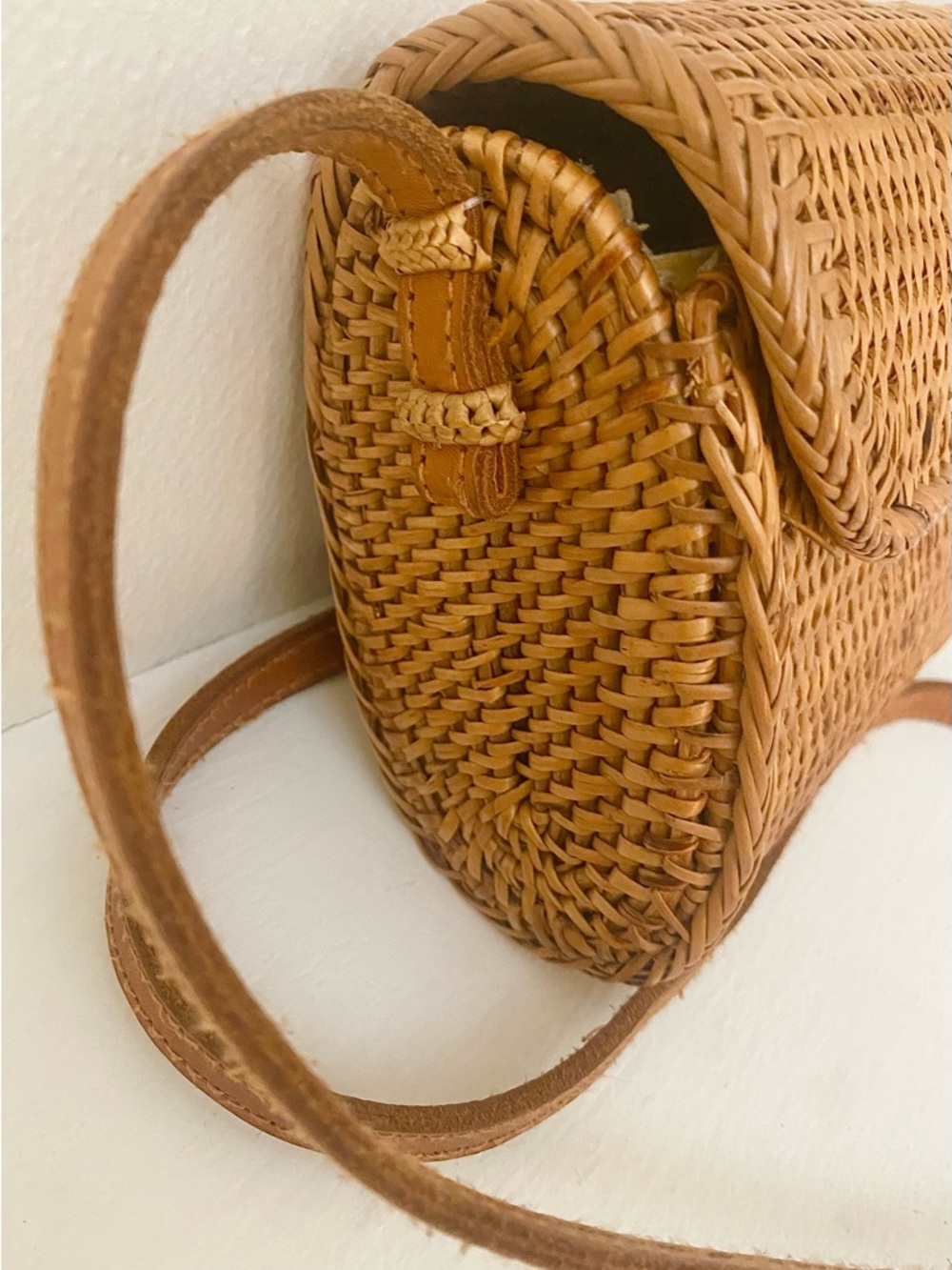 Street Level handmade Woven rattan structured Crossbody Bag in Tan - Picture 3 of 14